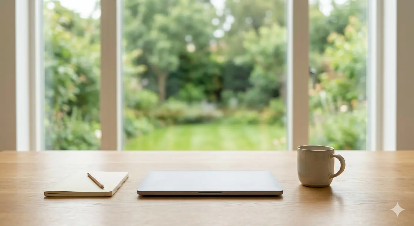 Laptop, notebook, and coffee mug on a desk with a garden view, illustrating focus and mental energy.