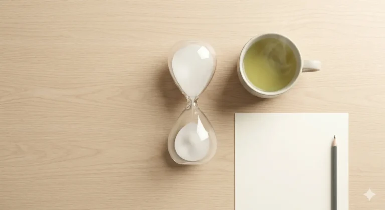 Hourglass, tea, and paper with pencil symbolize focus and mental energy.