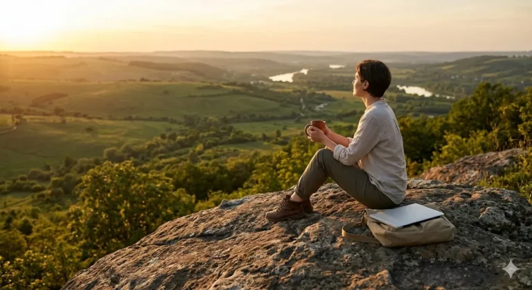Woman sitting on a rock, holding a coffee cup, overlooking a valley at sunset
