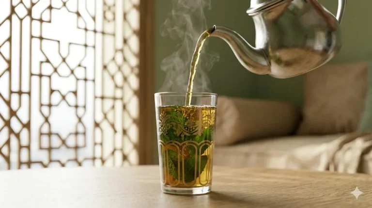 Pouring hot mint tea into a traditional glass, part of the Great Tea Odyssey.