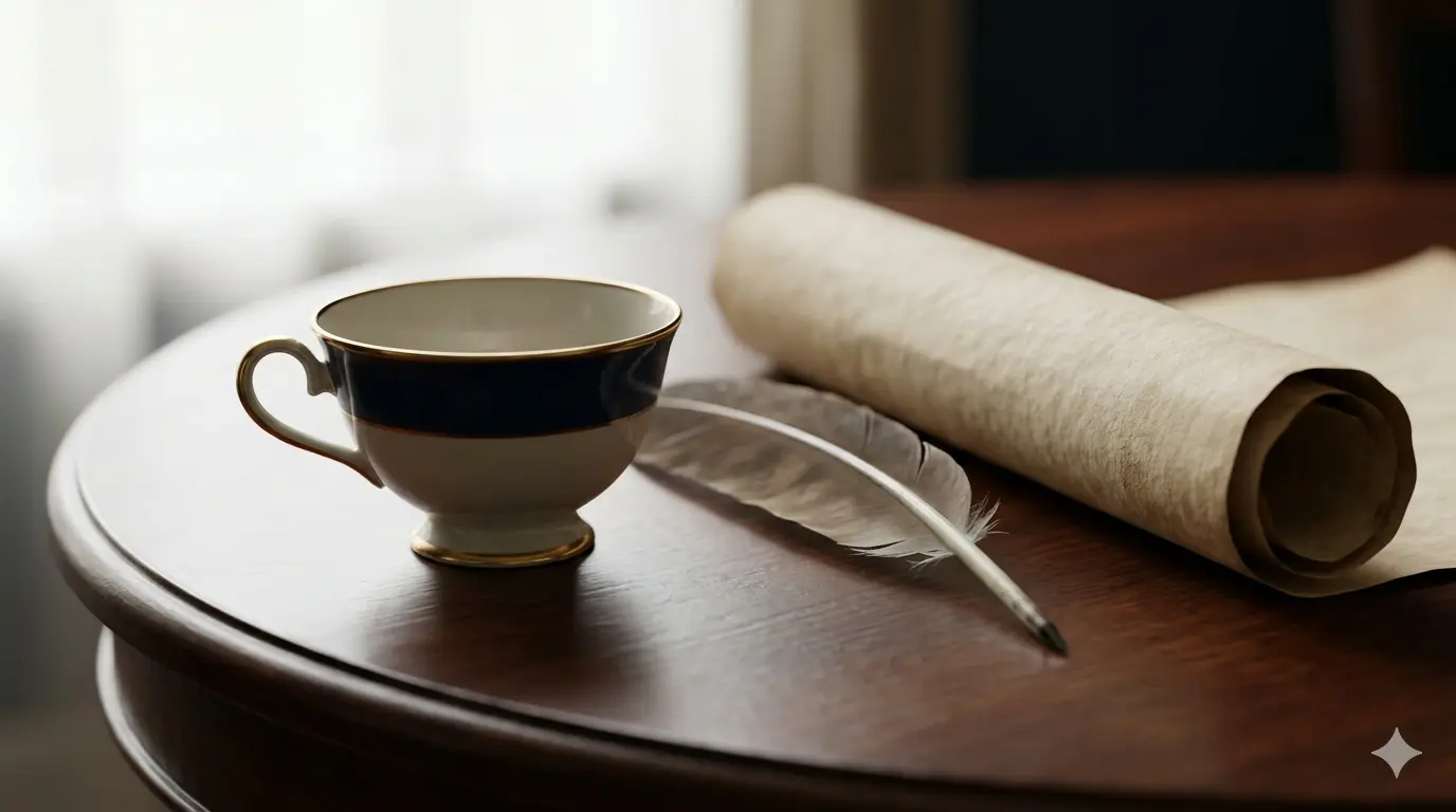 Teacup, quill, and scroll on a table, evoking historical writing and tea.