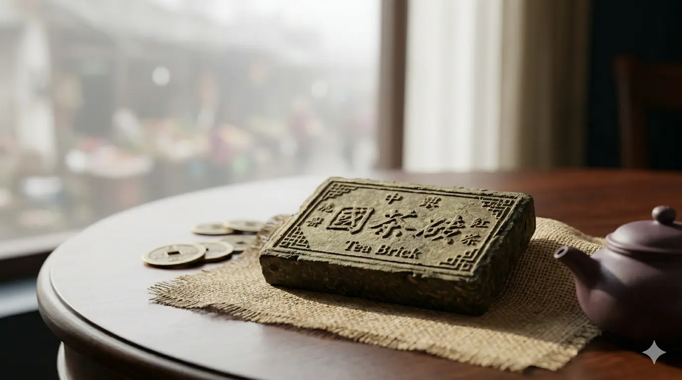 Tea brick with Chinese characters and "Tea Brick" text, with coins and teapot