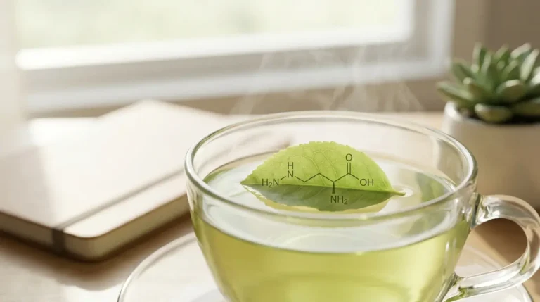 Green tea leaf with L-theanine chemical structure in a clear cup