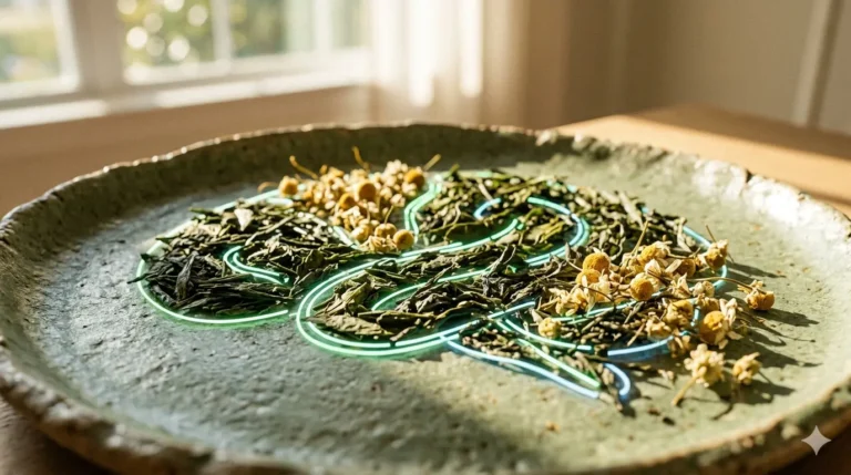 Dried green tea leaves and chamomile flowers arranged in a brain shape on a green plate.