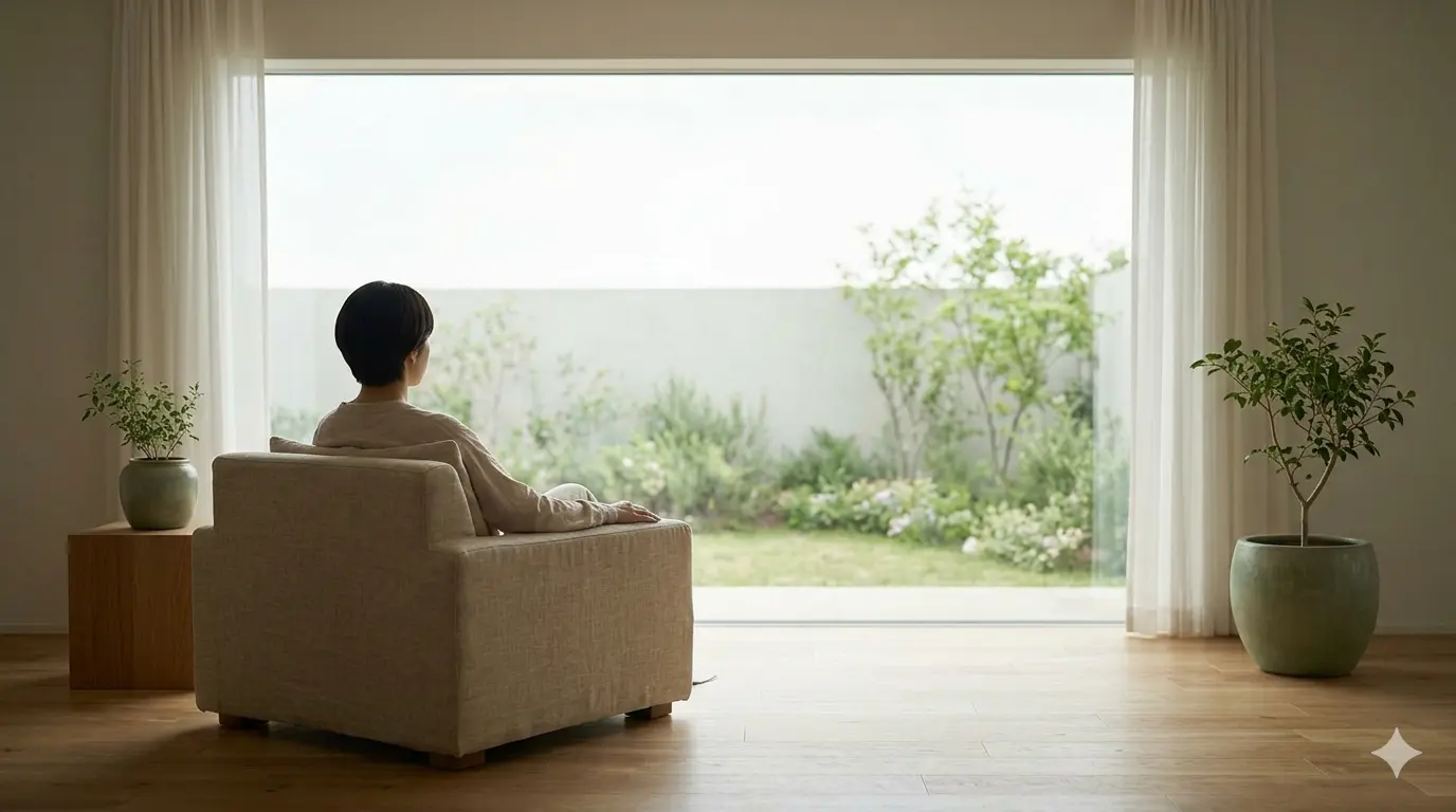 A person sitting on a sofa, contemplating a lush green garden through a large window with curtains of leaves.