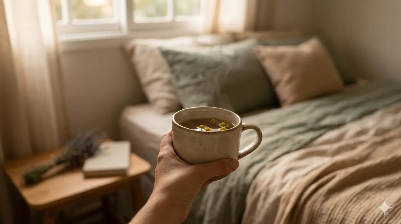 A hand holding a mug of hot tea, steam rising, in a cozy and well-lit room