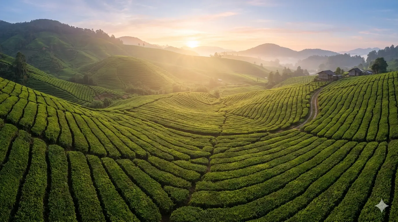 Panoramic view of green tea plantations under the soft light of dawn, with mountains in the background and a colorful sky.