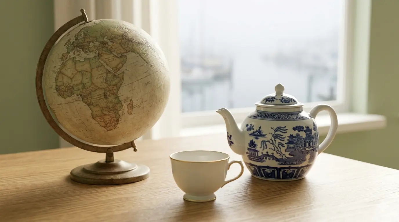 Globe, teapot, and teacup on a wooden table near a window