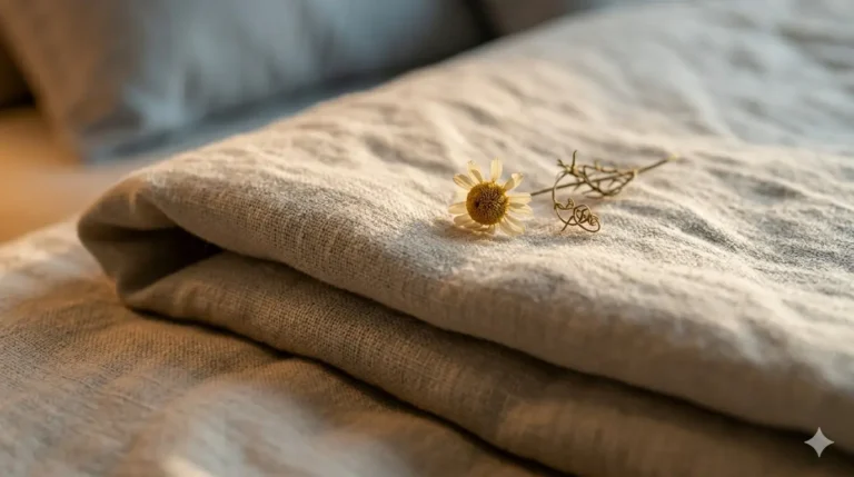 Folded linen bedding with a small dried flower, evoking calm and rest.