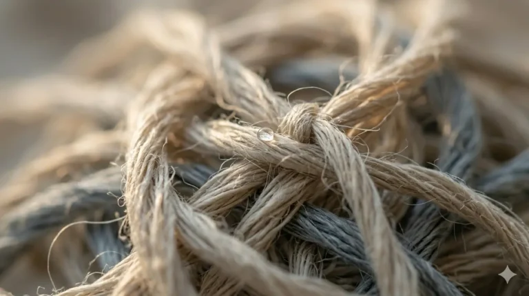 Close-up of tangled natural fiber rope, symbolizing racing thoughts at night.