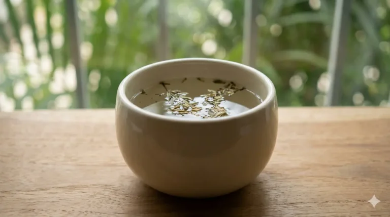 A white bowl with green tea, leaves floating on the surface, on a wooden table lit by natural light.