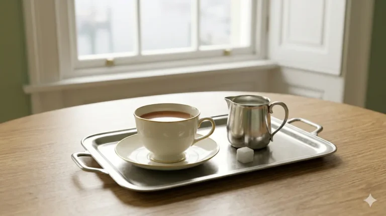 A cup of tea and a milk jug on a silver tray, hinting at a tea odyssey.