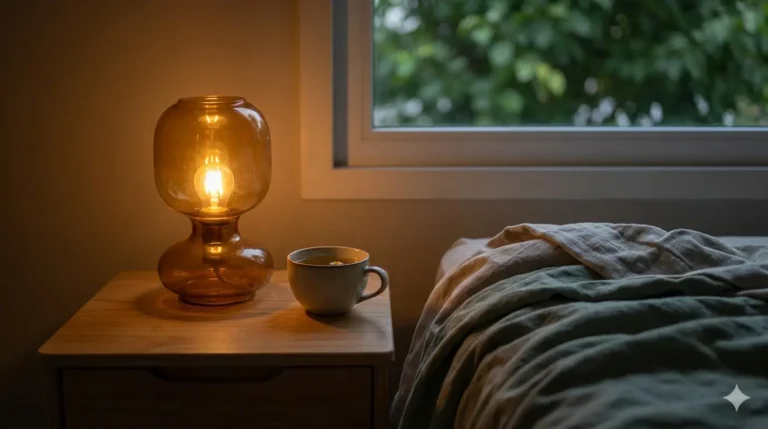 An amber glass lamp illuminating a nightstand beside a bed, with a cup of tea and a view of nature.