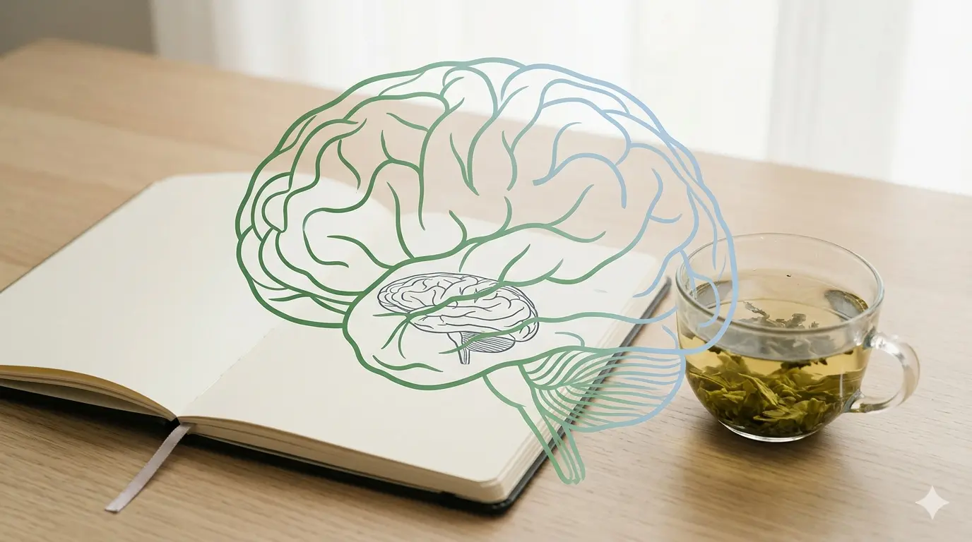 Brain illustration over open notebook and tea, symbolizing learning and focus.