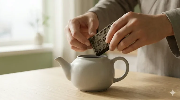 Person adding compressed tea brick to a teapot, historical tea currency