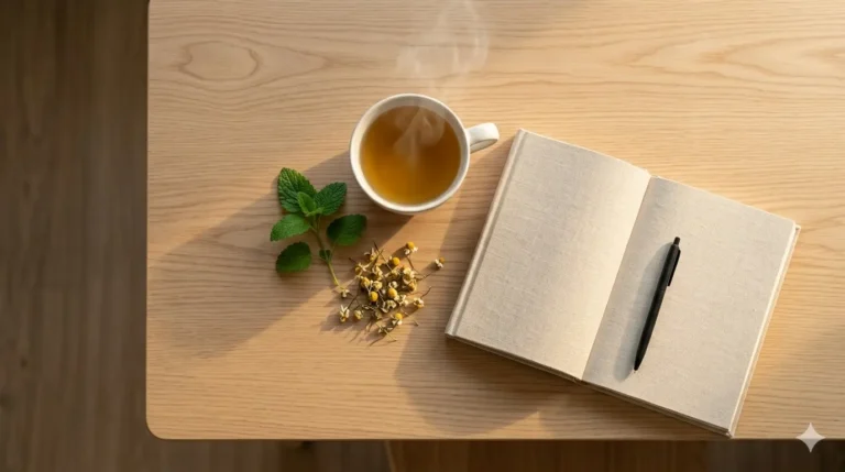Cup of chamomile tea and journal on wooden table, promoting calm for sleep.