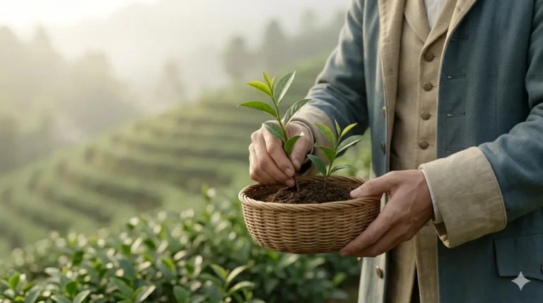 Man planting tea seedlings in a terraced tea field, historical tea trade