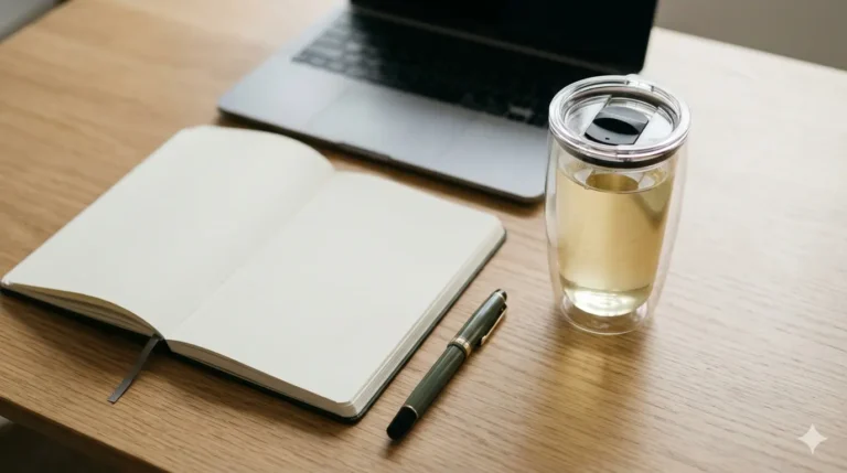 Open notebook, pen, and glass of tea on a wooden desk next to a laptop