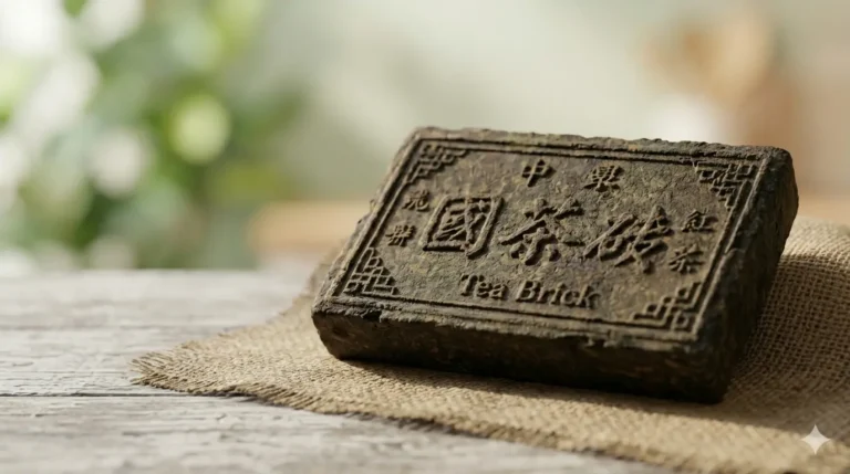 Tea brick with Chinese characters and "Tea Brick" text, used as currency.