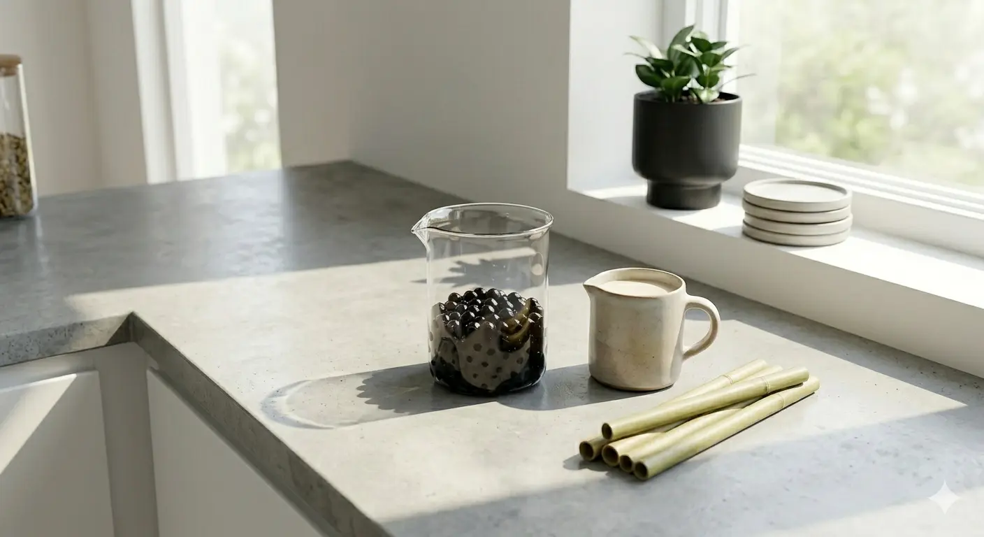 Bubble tea ingredients: tapioca pearls, milk, and bamboo straws on a counter.