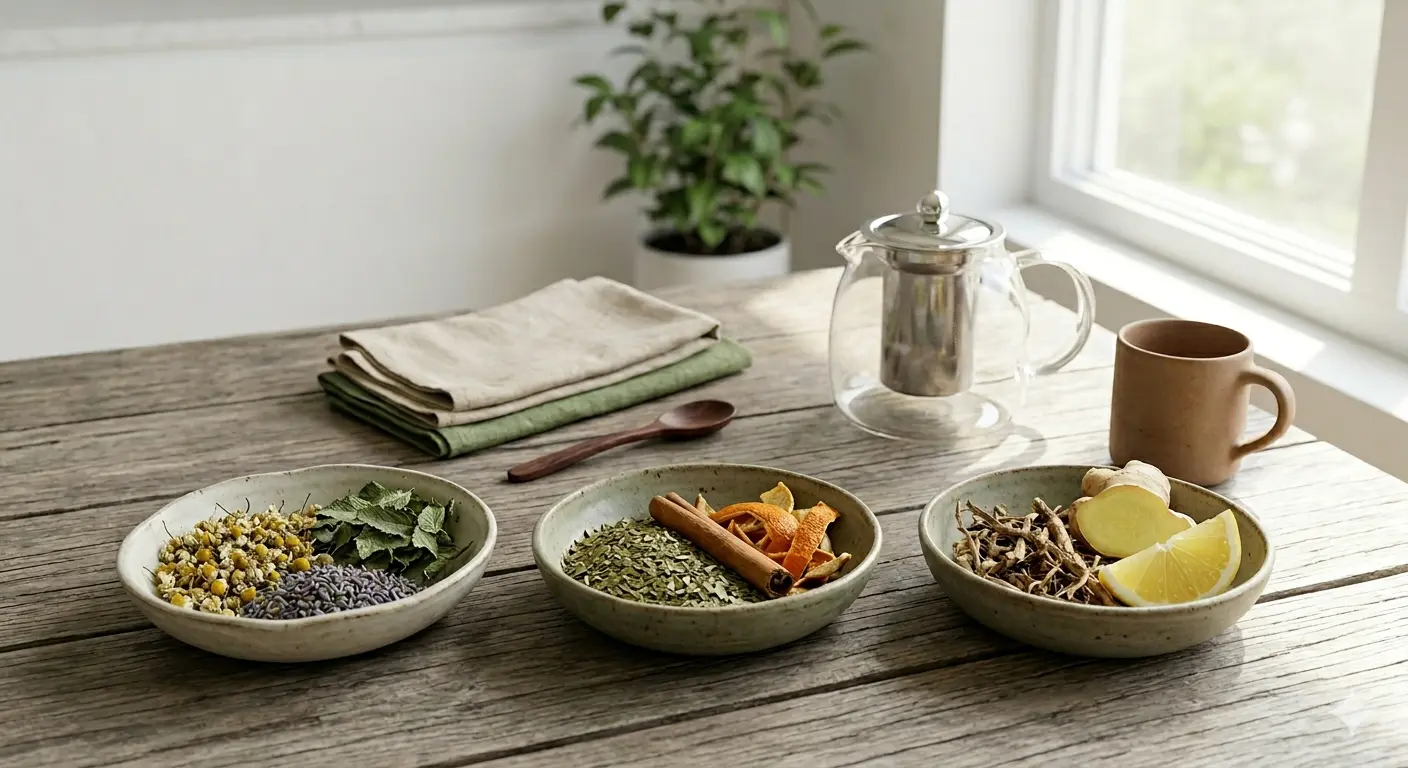 Herbal blends for energy: chamomile, mint, lavender, cinnamon, ginger, lemon