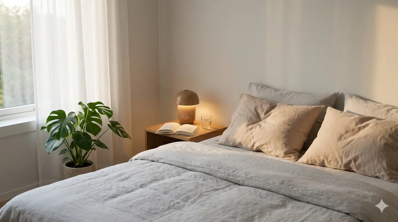 Bedside table with lamp, book, and glass of water next to a bed, suggesting nighttime anxiety.