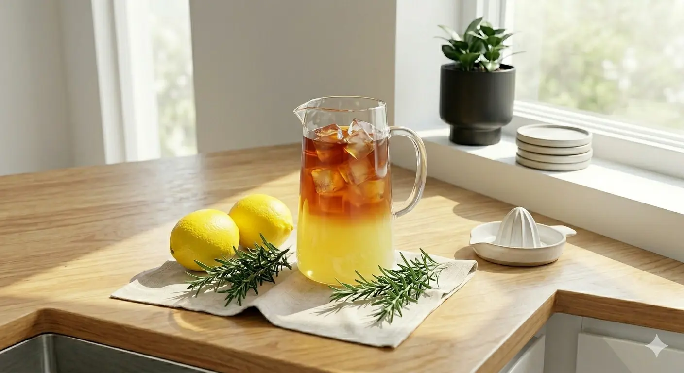 Arnold Palmer drink in a pitcher with lemons and rosemary