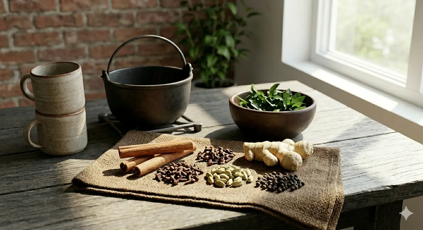 A rustic table adorned with spices, fresh herbs, cinnamon, and ceramic utensils, illuminated by the soft light from the window.