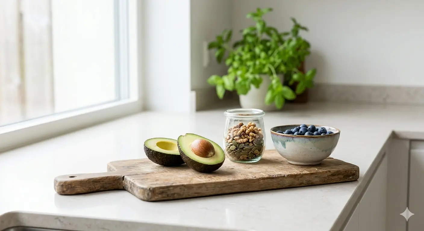 Avocado, nuts, and blueberries on a cutting board, healthy foods for energy