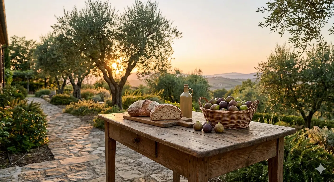 Rustic table with bread, figs, and olive oil in a sun-drenched Mediterranean garden