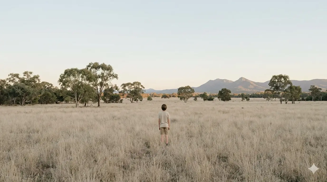 A child walking in a vast, dry field, surrounded by trees and mountains in the background under a clear sky.