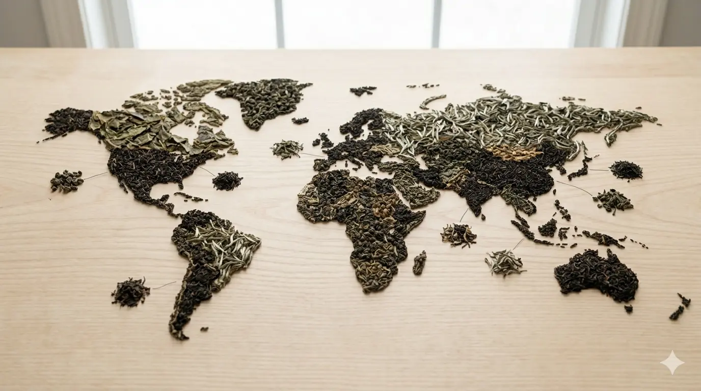 An artistic world map made from different types of tea leaves, displaying varied textures and colors on a light wood table.