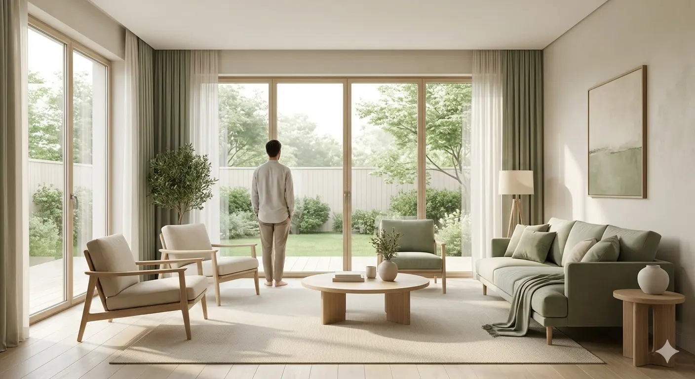Man looking out a large window in a minimalist living room