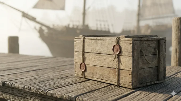Wooden crate with wax seals on a dock, ship in background, related to tea history