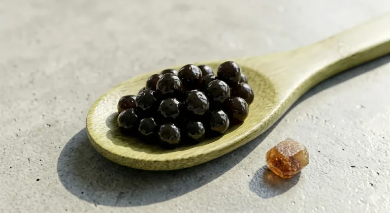 Wooden spoon filled with dark tapioca pearls, next to a sugar cube