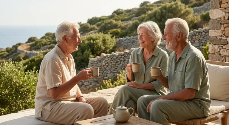 Three seniors enjoying coffee outdoors, discussing healthy aging and longevity.
