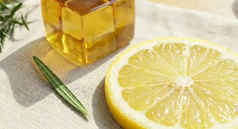 Lemon slice, rosemary, and amber liquid in a glass bottle on a linen cloth