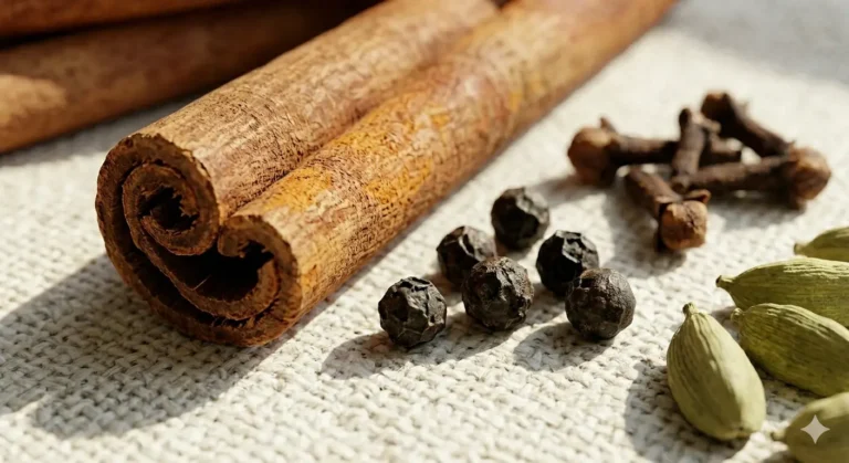A variety of spices, including cinnamon sticks, cloves, and cardamom, arranged on a light, textured surface..