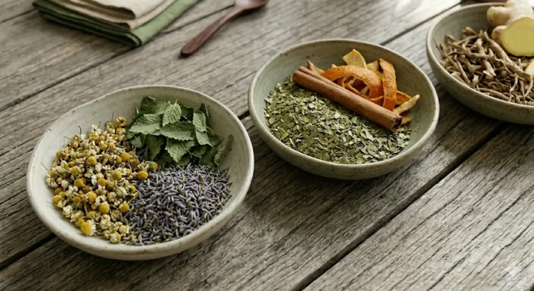 Herbal blends for energy: chamomile, lavender, yerba mate, orange peel, cinnamon, ginger.