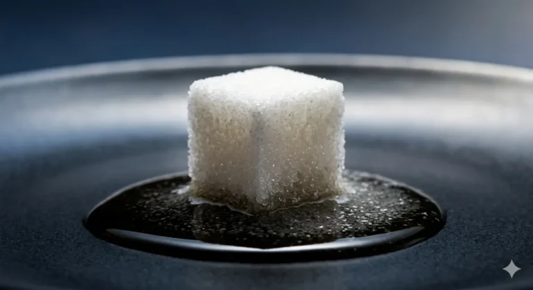Sugar cube dissolving in dark liquid, representing energy crash