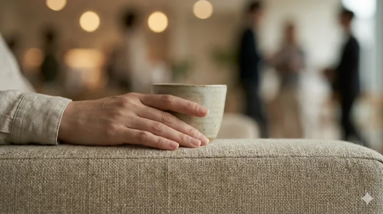 Hand holding a cup on a couch with people in the background
