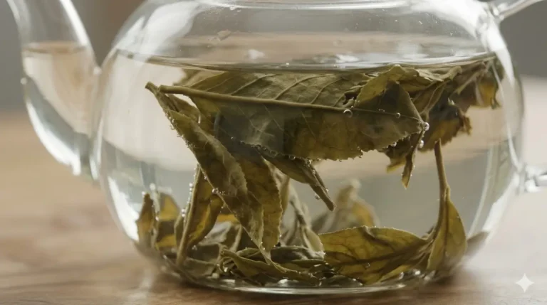 A clear glass teapot with dried tea leaves steeped in hot water, creating an aromatic infusion.