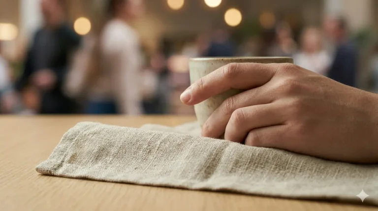 A hand holding a ceramic cup on a linen cloth in a cozy and bustling setting.