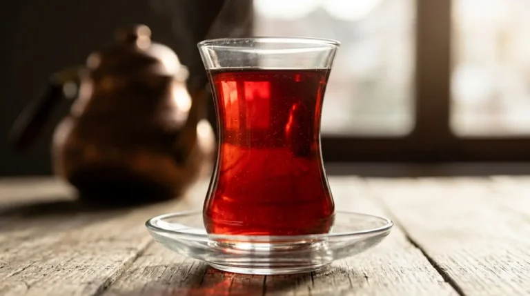 An elegant glass of steaming red tea sits on a rustic wooden table, with a teapot in the background, illuminated by soft light.