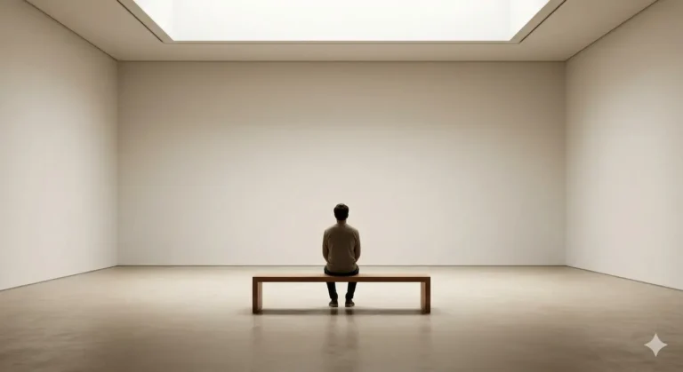Man sitting alone on a bench in a large, empty, minimalist art gallery, contemplating.