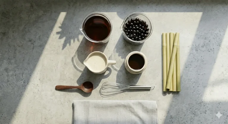 Bubble tea ingredients: boba pearls, tea, milk, and bamboo straws