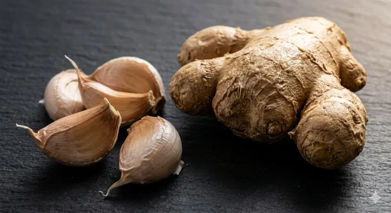 Fresh ginger root and garlic cloves on a dark slate surface