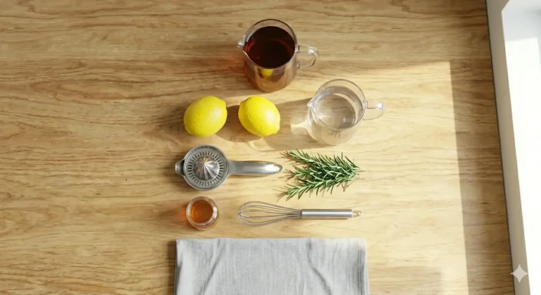 Ingredients for Arnold Palmer tea: lemons, rosemary, tea, water, honey, and a whisk.