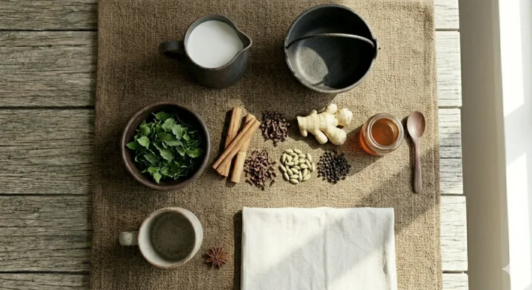 A rustic table with fresh ingredients: herbs, spices, honey, and kitchen utensils, creating a welcoming atmosphere.