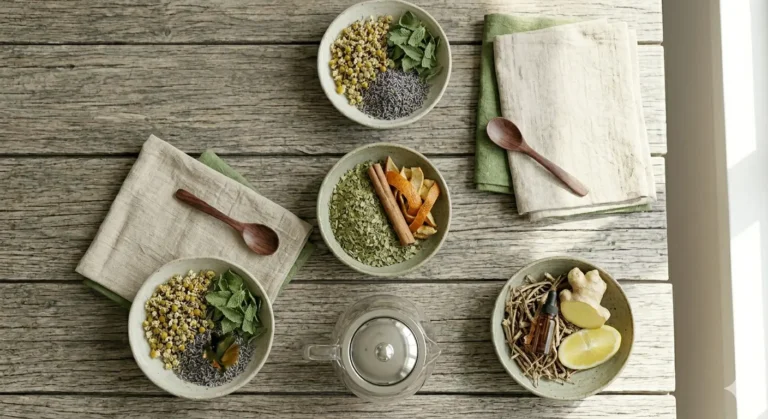 Herbal tea ingredients in bowls: chamomile, lavender, mint, orange peel, cinnamon, ginger, lemon.